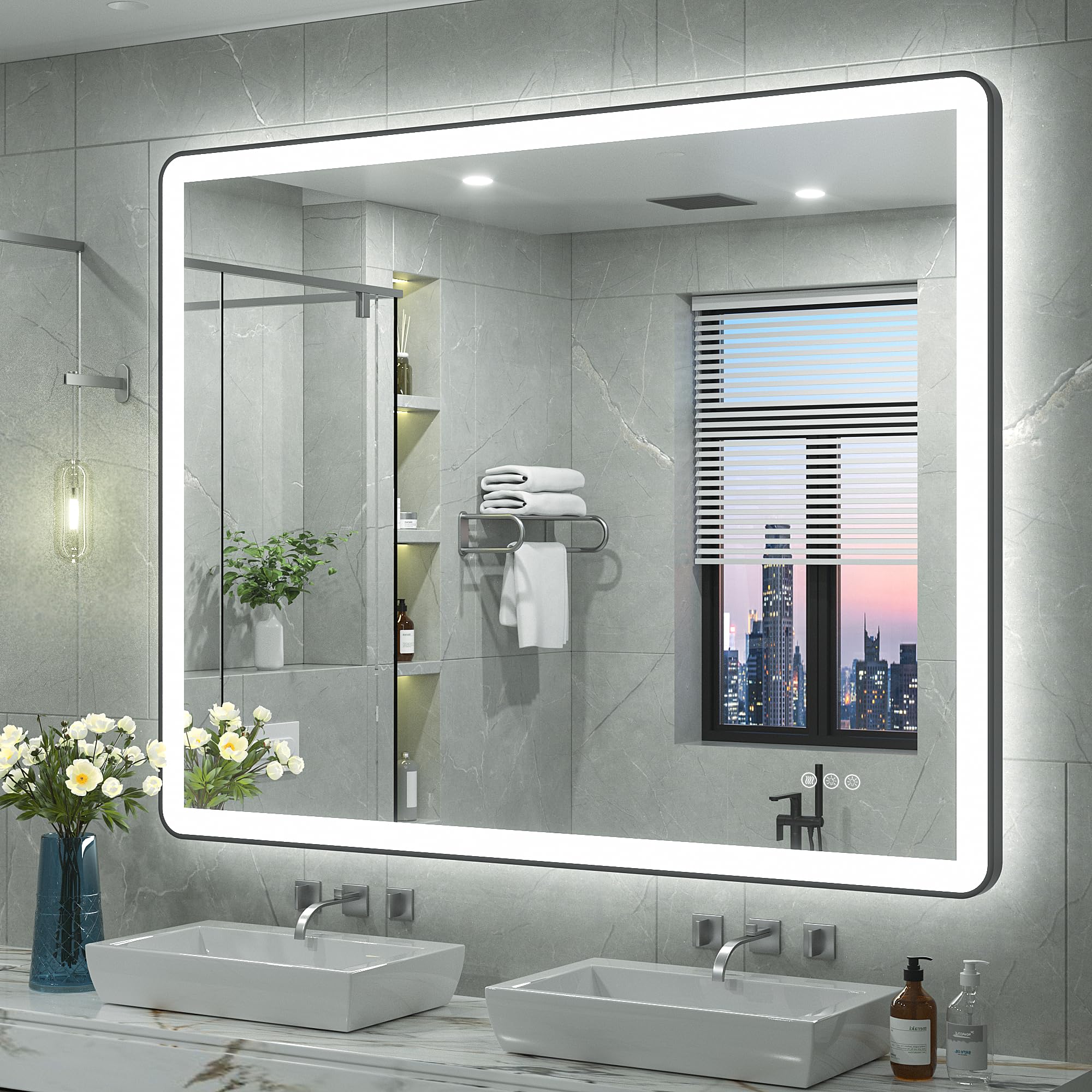 Photo 1 of CHARMOR 48"x40" LED Bathroom Mirror with Lights, Rounded Corner Framed Lighted Vanity Mirror for Wall, Dimmable, Anti-Fog, Shatterproof, ETL Listed, Independent Backlit+Front lit