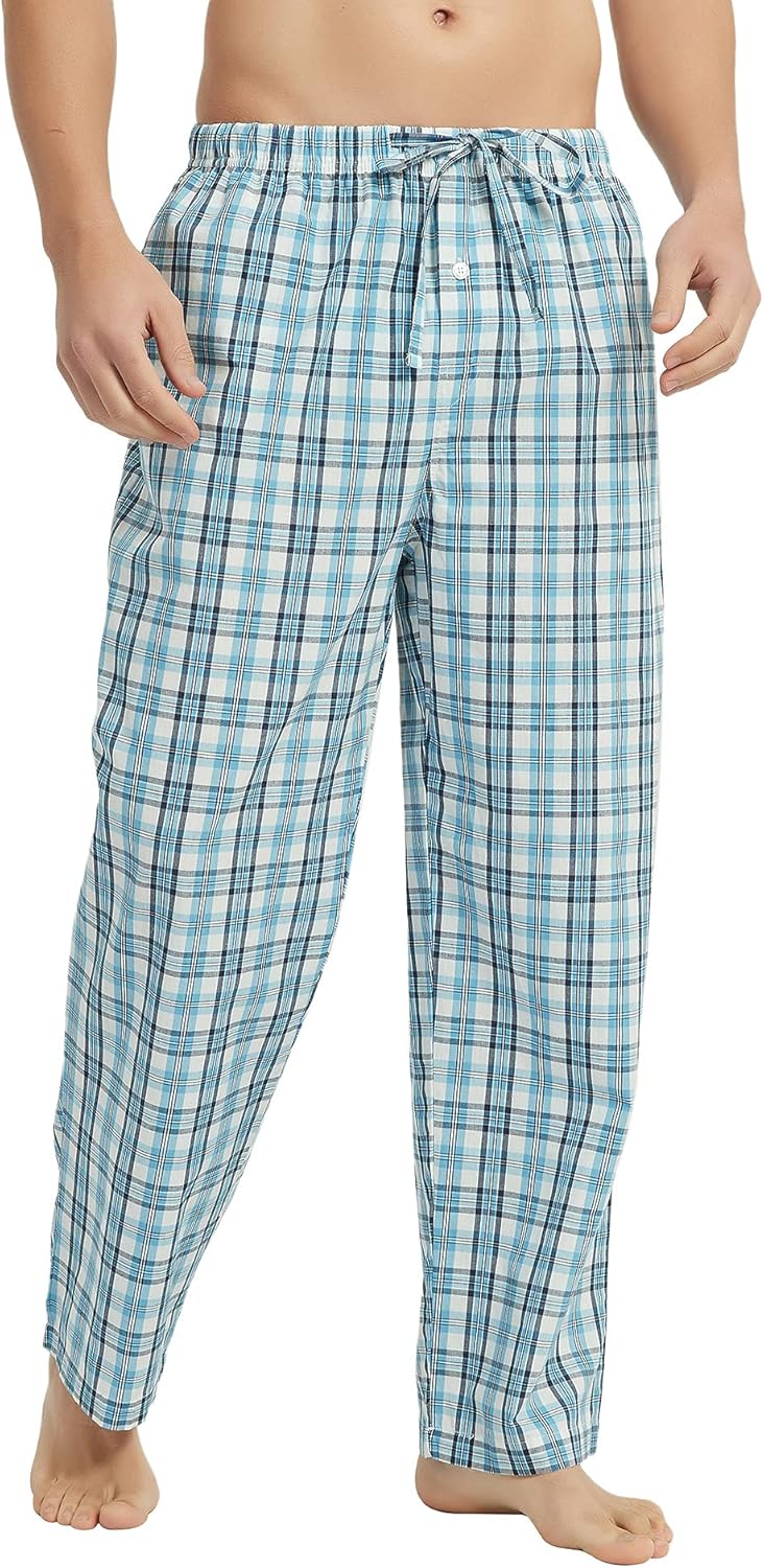 Vulcanodon Men's Cotton Woven Pajama Pants, Soft Lounge Pajama Pants with Big Pockets for Men Plaid Pj Bottoms at  Men’s Clothing store