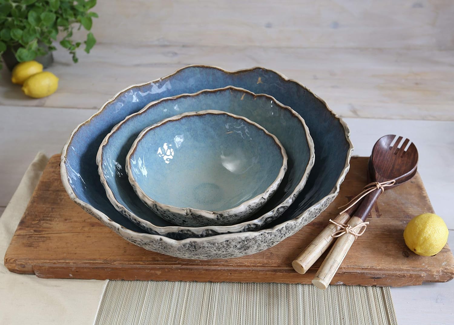 Large Blue Serving Bowls Set | Handmade Salad Bowls 3 Pieces | Rustic Ceramic Bowls | Pottery Dinnerware