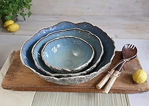 Large Blue Serving Bowls Set | Handmade Salad Bowls 3 Pieces | Rustic Ceramic Bowls | Pottery Dinnerware