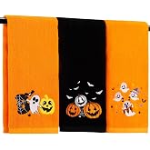 Quera 3 Pack Halloween Hand Towels Ghost Pumpkin Embroidered Premium Luxury Decor Bathroom Decorative Dish Towels Set for Drying, Cleaning, Cooking, Holiday Towels Gift Set （Trick or Treat） (Orange)