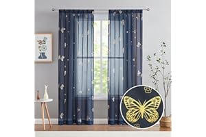 Jubilantex Butterfly Sheer Curtains Navy Blue Drapery with Gold Print Pattern 84 Inch Long, Kids Nursery Bedroom Voile Linen Textured Curtain Rod Pocket Window Drapes, 2 Panels