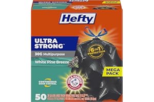 Hefty Ultra Strong 30 Gallon Trash Bags, Large Trash Bags 30 Gallon Size, Multipurpose, Break Resistant Drawstring Closure, Resists Leaks, Punctures, and Tears, Black, White Pine Breeze Scent, 50 Bags