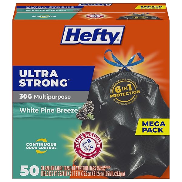 HEFTY ULTRA STRONG 30 GALLON TRASH BAGS, LARGE TRASH BAGS 30 GALLON SIZE, MULTIPURPOSE, BREAK RESISTANT DRAWSTRING CLOSURE, RESISTS LEAKS, PUNCTURES, AND TEARS, BLACK, WHITE PINE BREEZE SCENT, 50 BAGS