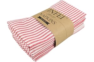INFEI Plain Striped Cotton Linen Blended Dinner Cloth Napkins - Set of 12 (40 x 30 cm) - for Events & Home Use (Red)