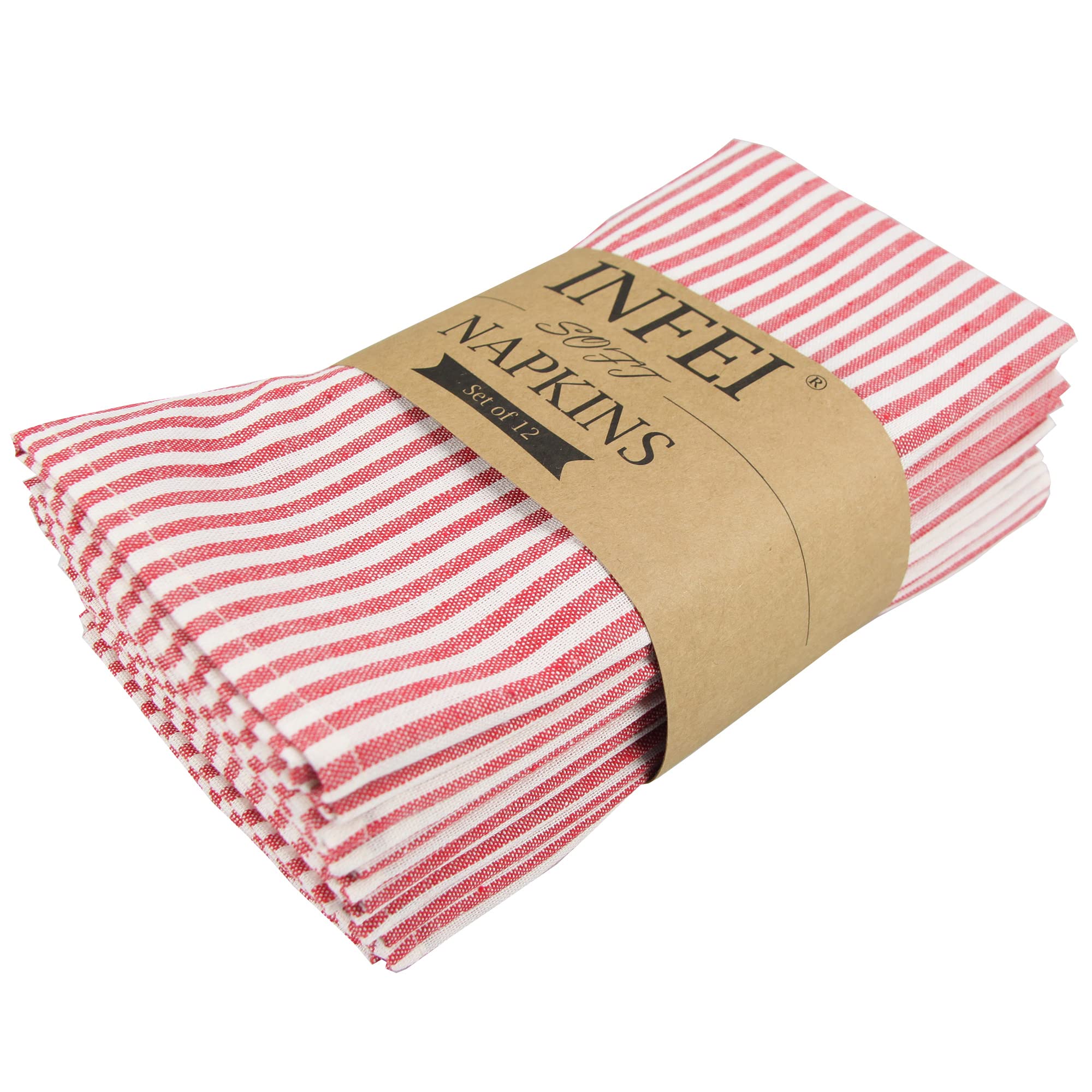 INFEI Plain Striped Cotton Linen Blended Dinner Cloth Napkins - Set of 12 (40 x 30 cm) - for Events & Home Use (Red)