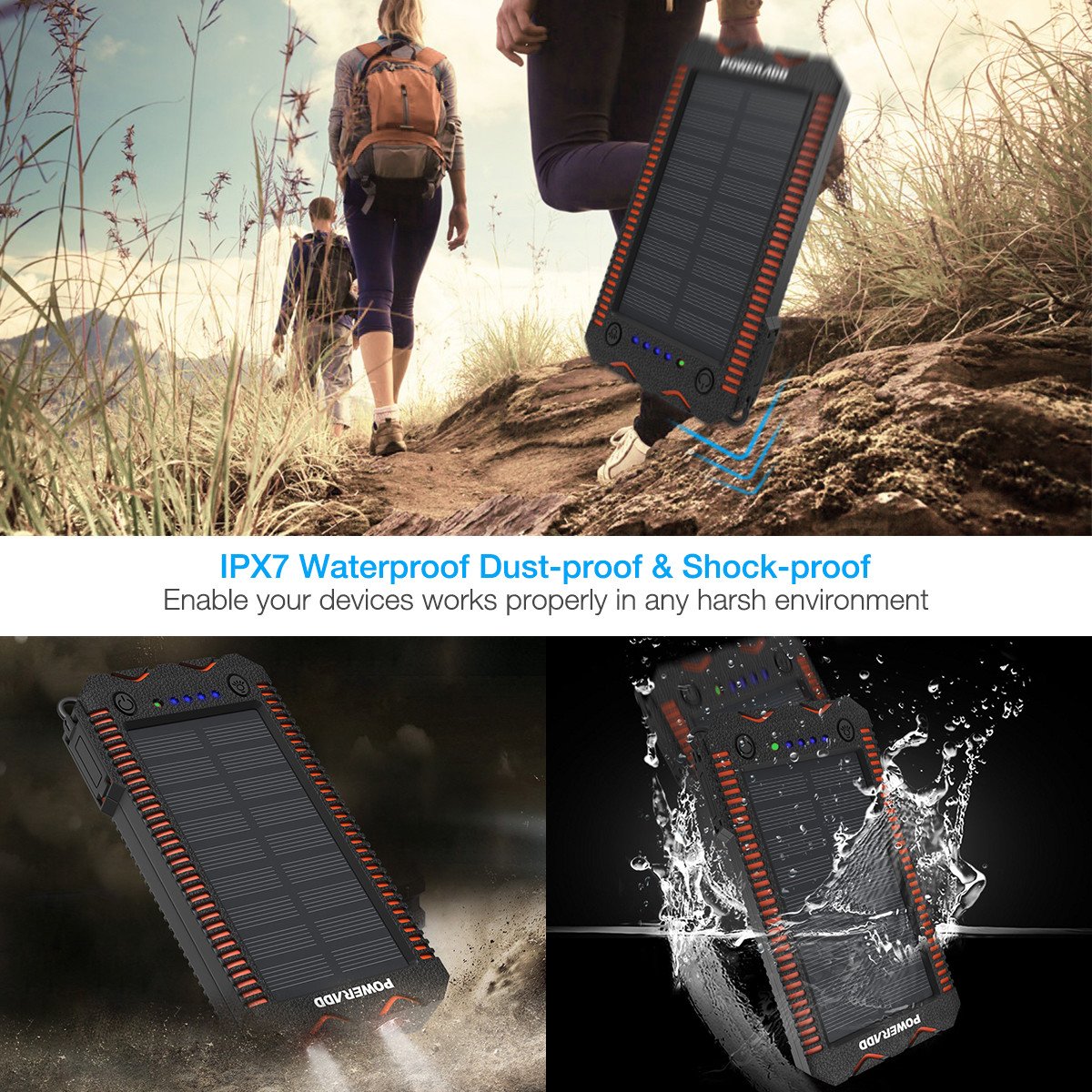 [Upgraded] Poweradd Apollo 2 Solar Charger 12000mAh Portable Solar Panel Power Bank Waterproof/Shockproof/Dustproof Dual USB Port Solar Battery for Emergency Outdoor Camping Travel