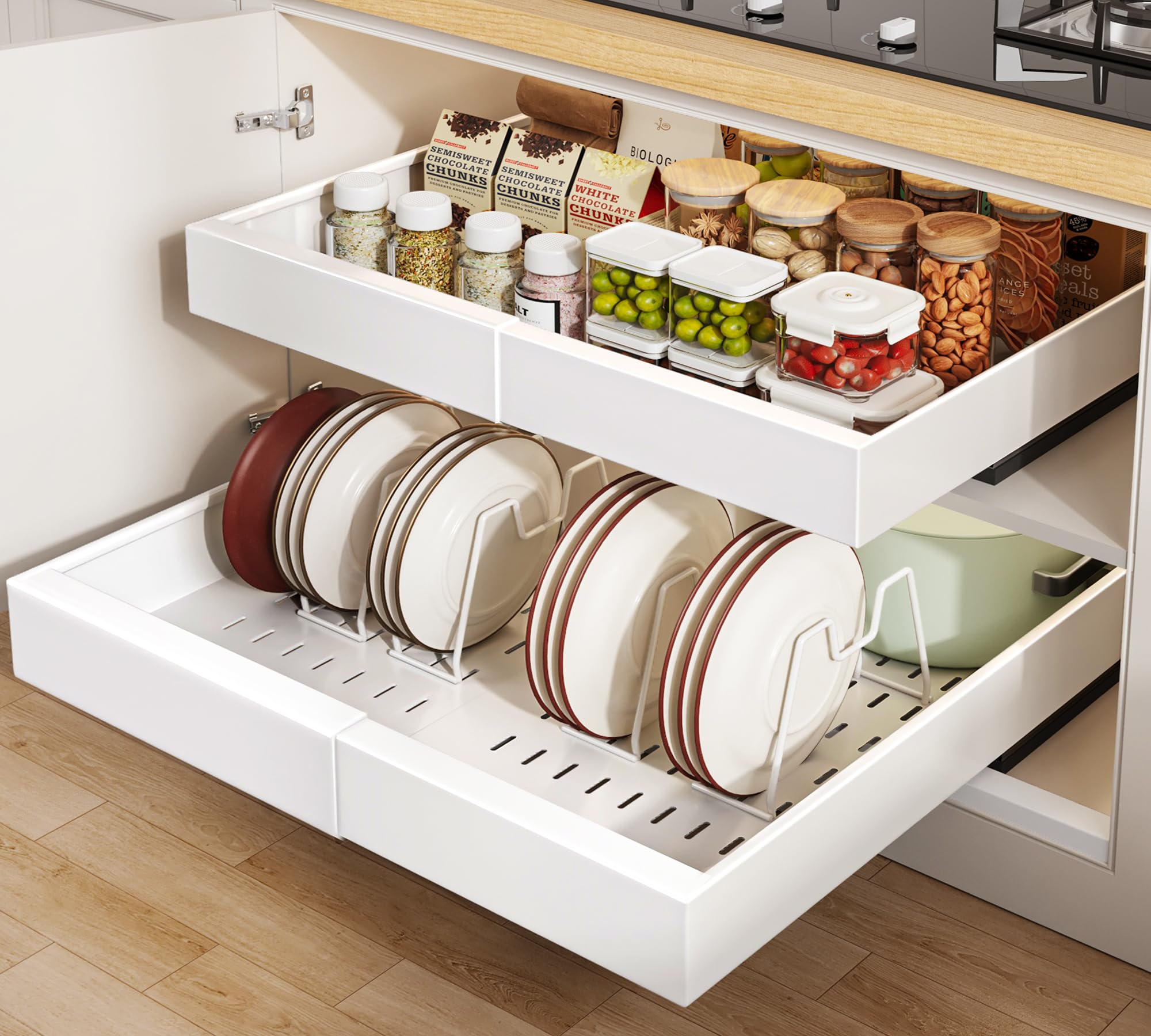 Photo 1 of Seinloes 2 Pack Pull out Cabinet Organizer 21"Deep With Raising Pad for Framed Cabinets, Expandable Slide out Drawers for Kitchen Cabinets with 4pcs Divider Racks, Roll out Shelves 12.1"-20.4" W White