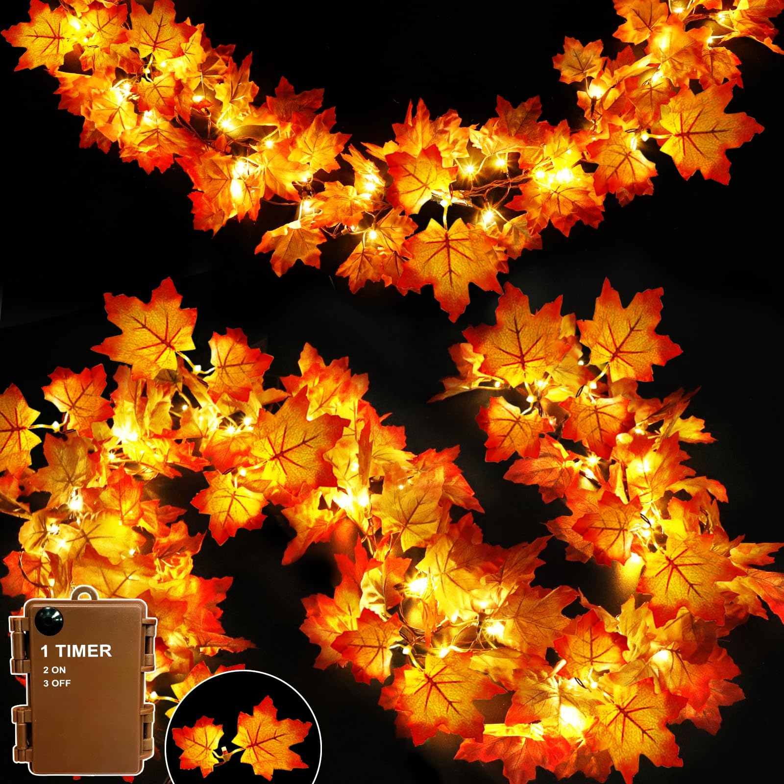 Photo 1 of Timer & Thicker Leaves - 2 Pack Fall Garland with Lights Fall Hallowen Decorations Indoor Total 80 Leaves 40LED 13Ft Battery Operated Halloween Garland Thanksgiving Decor Home Indoor Outdoor Christmas