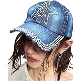 WDIRARA Women's Rhinestone Pearl Beaded Denim Hat Y2K Curved Brim Snapback Hats Baseball Caps