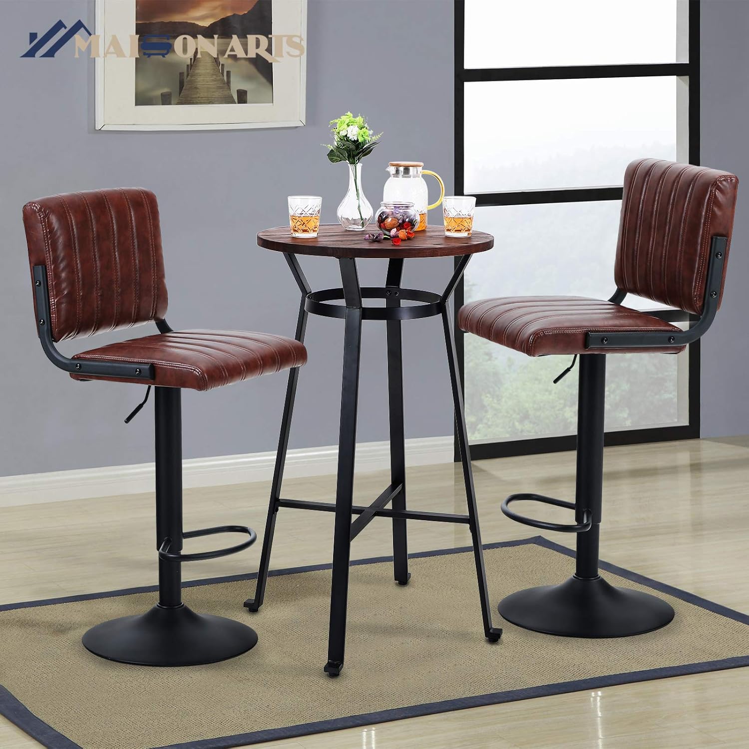 MAISON ARTS Bar Table Set of 3, Bar Height Round Bar Table with 2pcs Swivel Bar Stools 41" Pub Counter Table with Height Adjustable Barstools with Back, 1 Table & 2 Bar Stools Set, Rustic Brown: Kitchen & Dining