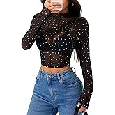 ABAFIP Women's Sparkly Sheer Crop Top Rhinestone Mesh Long Sleeve See Through Top Club Glitter Shirt