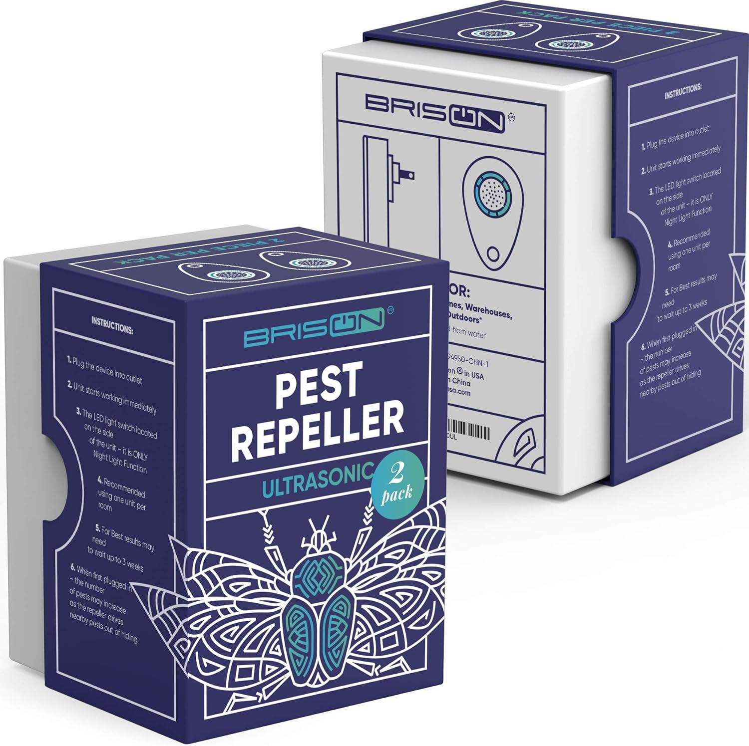 BRISON Ultrasonic Pest Reject Repeller - Plug in Electronic Non-Toxic Device - Electromagnetic and Ultrasound Control - Repellent for Mice Rats Bed Bugs Spiders Rodents Insects - Indoor [2 Pack] : Garden & Outdoor