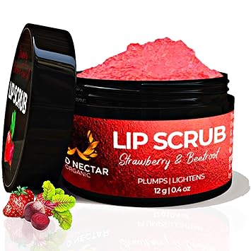 Wild Nectar Organic Lip Lightening & Plumping Scrub Balm With Beetroot, Strawberry & Rose oil For Smokers & Pigmented Dark Lips to get Plumpy, Kissable & Juicy Lips