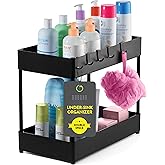 Space-Saving 2-Tier Under Sink Organizer and Storage with 6 Strong Hooks, Easy-Assemble, Under Cabinet Organizer, Durable, Big Capacity, Modern Storage Baskets for Bathroom, Kitchen, Etc. (Black)