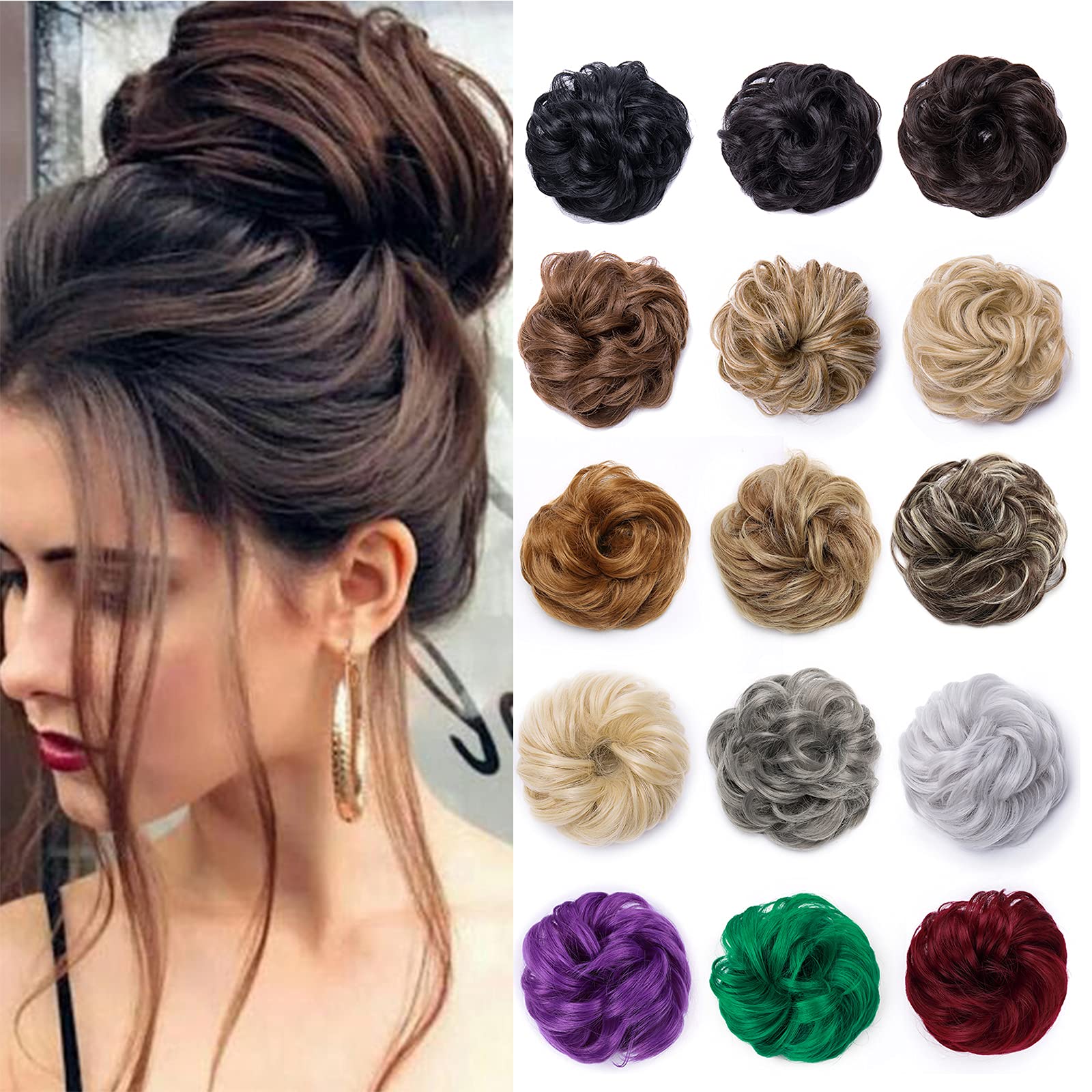 Silk-co Thick Hair Bun Extensions Messy Curly Hair Scrunchies Hairpieces Synthetic Donut Updo Pieces 35g/PC #Reddish Brown