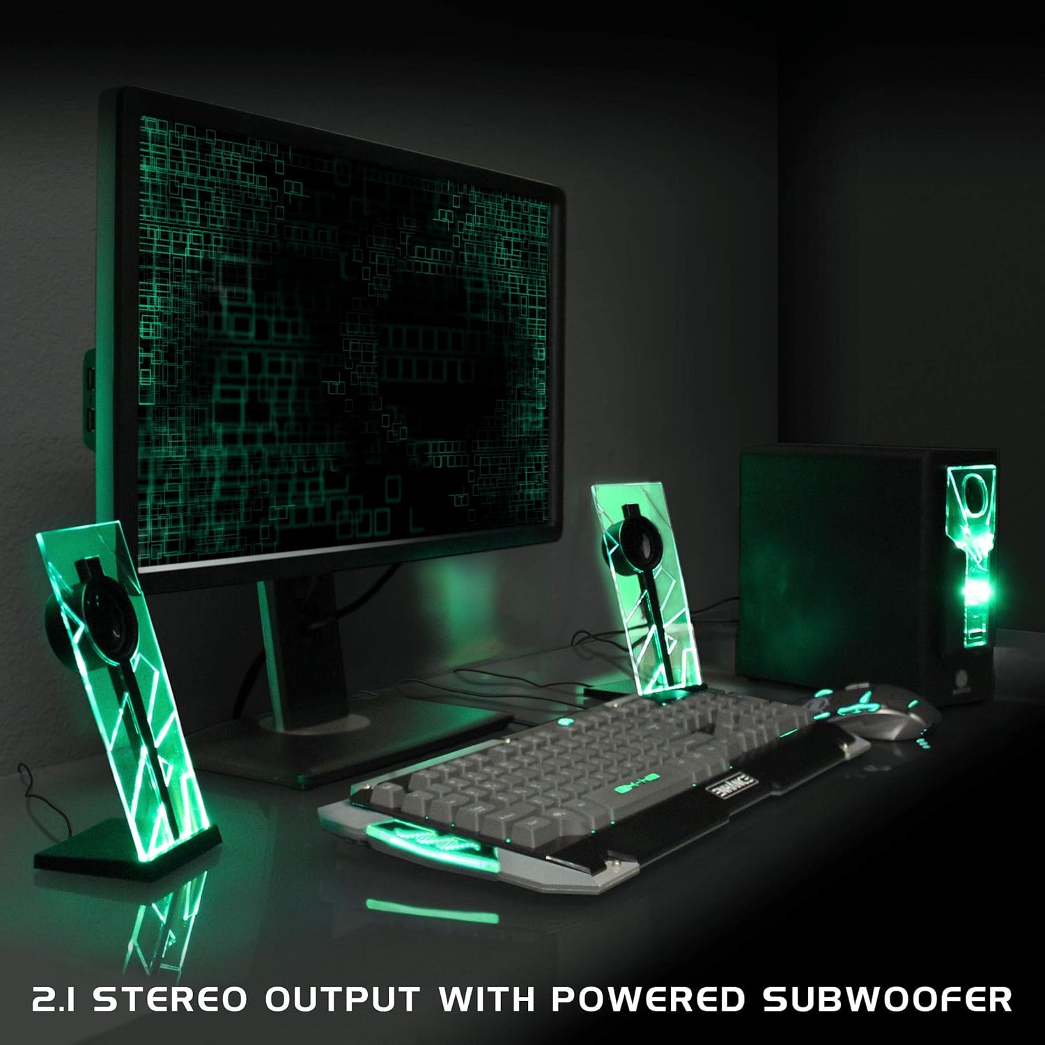 GOgroove BassPULSE 2.1 LED Satellite Stereo PC Computer Gaming Speakers with Green Glow Lights - Image 5