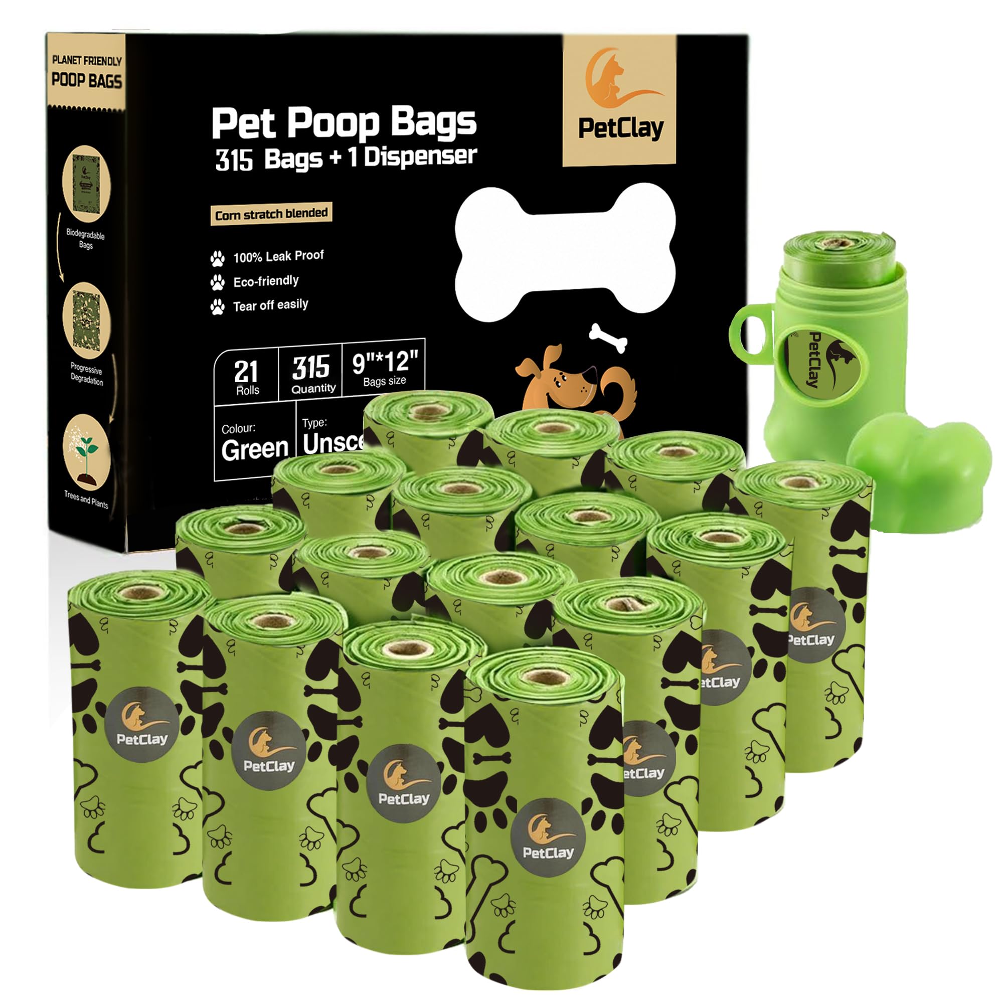 Petclay Dog Poop Bags rolls, 315 Counts Compostable & Biodegradable Dog Poo Bags for Puppy walk 100% Leak Proof for travel | Corn Starch Blended | Extra Thick Refill Large Pet Poo bags for Dogs waste