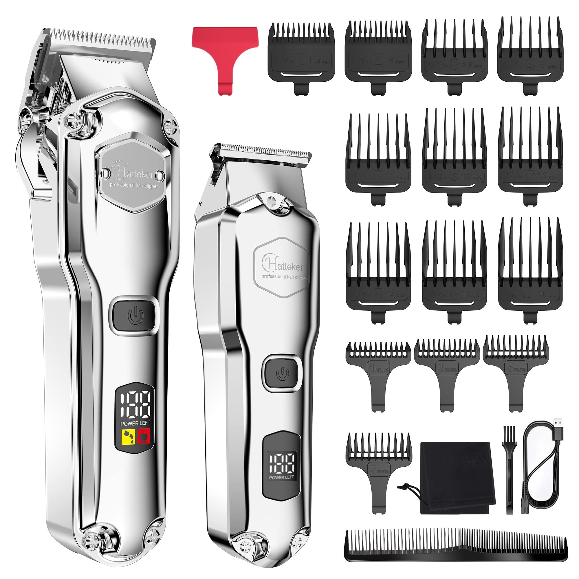 Hatteker Hair Clipper & Trimmer Set for Men IPX7 Waterproof Cordless Barber Clipper for Hair Cutting Kit with T-Blade Trimmer Beard Trimmer Clipper Professional USB Rechargeable (Silver)