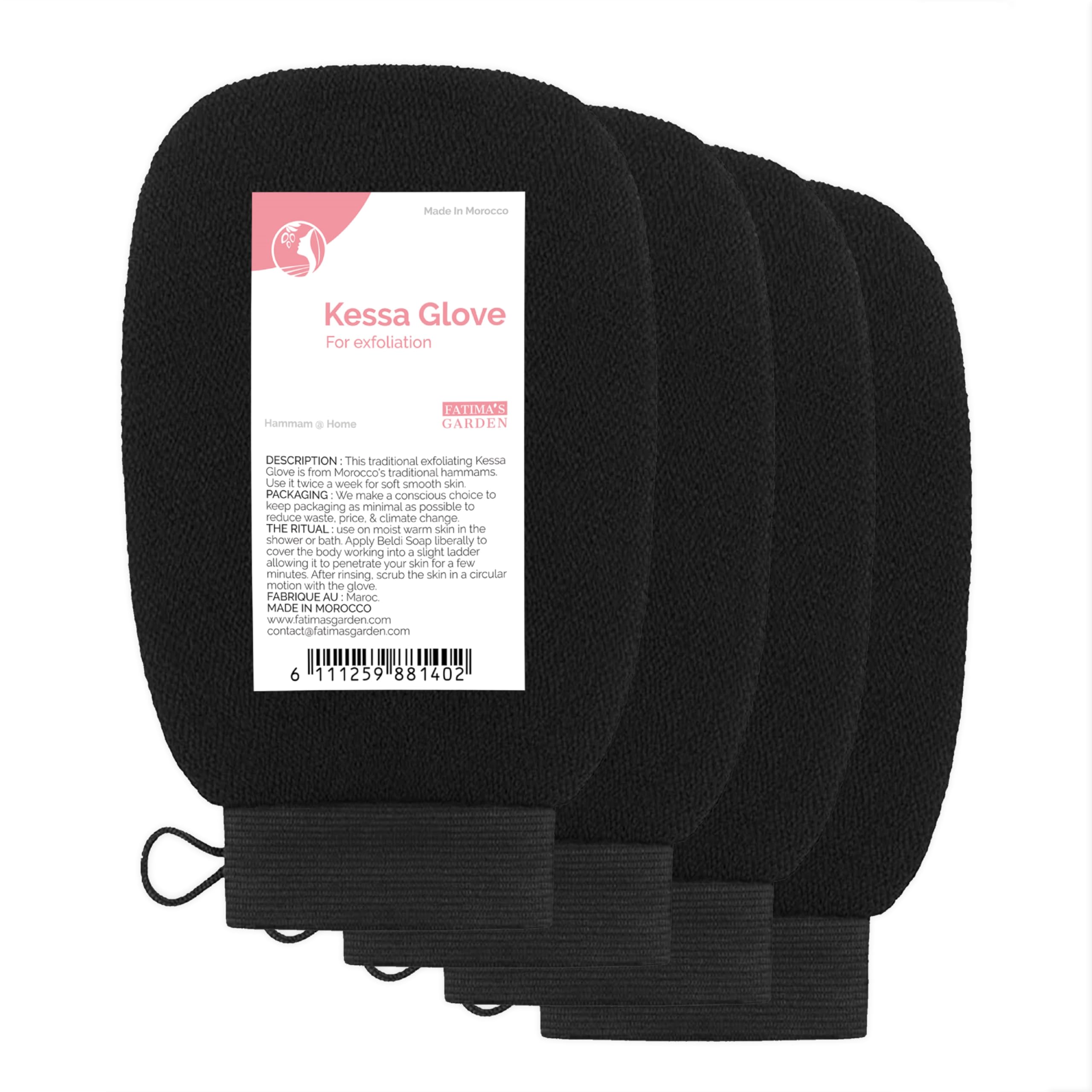 Fatima's Garden Exfoliating Kessa Gloves - Natural Spa Scrubbers, Black (4 Gloves)
