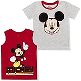 Disney Boy's 2-Pack Mickey Mouse Graphic Tee and Sleeveless Shirt Set, 100% Cotton, Red/Grey.