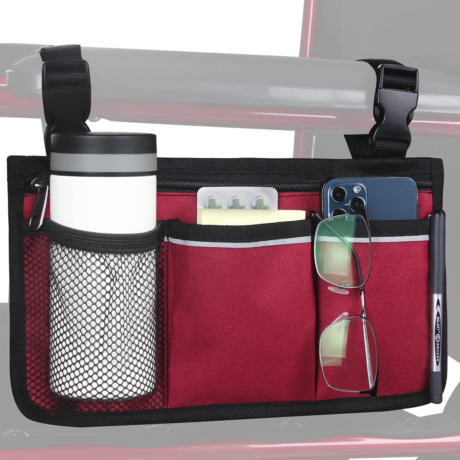 HSGEZUOQI Wheelchair Side Bag, Armrest Storage Pouch with Cup Holder and Reflective Strip Use of Waterproof Fabric for Most Wheelchairs, Walkers or Rollators (Red)
