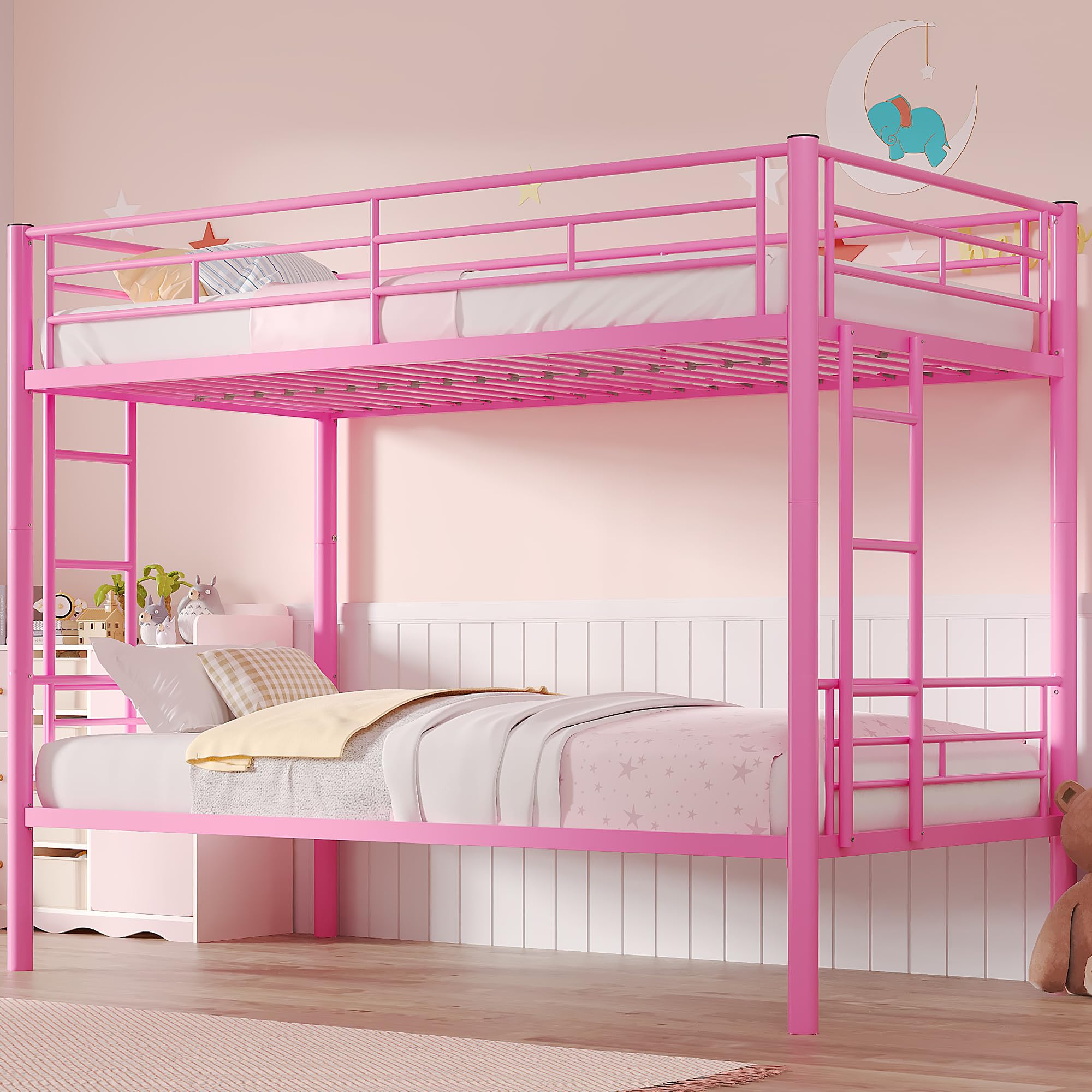 Photo 1 of ***02 BOXES***VECELO Bunk Bed Twin Over Twin, Metal Bunkbeds with Ladder and Full-Length Guardrail, No Box Spring Needed, Space Saving, Noise Free, Light Pink