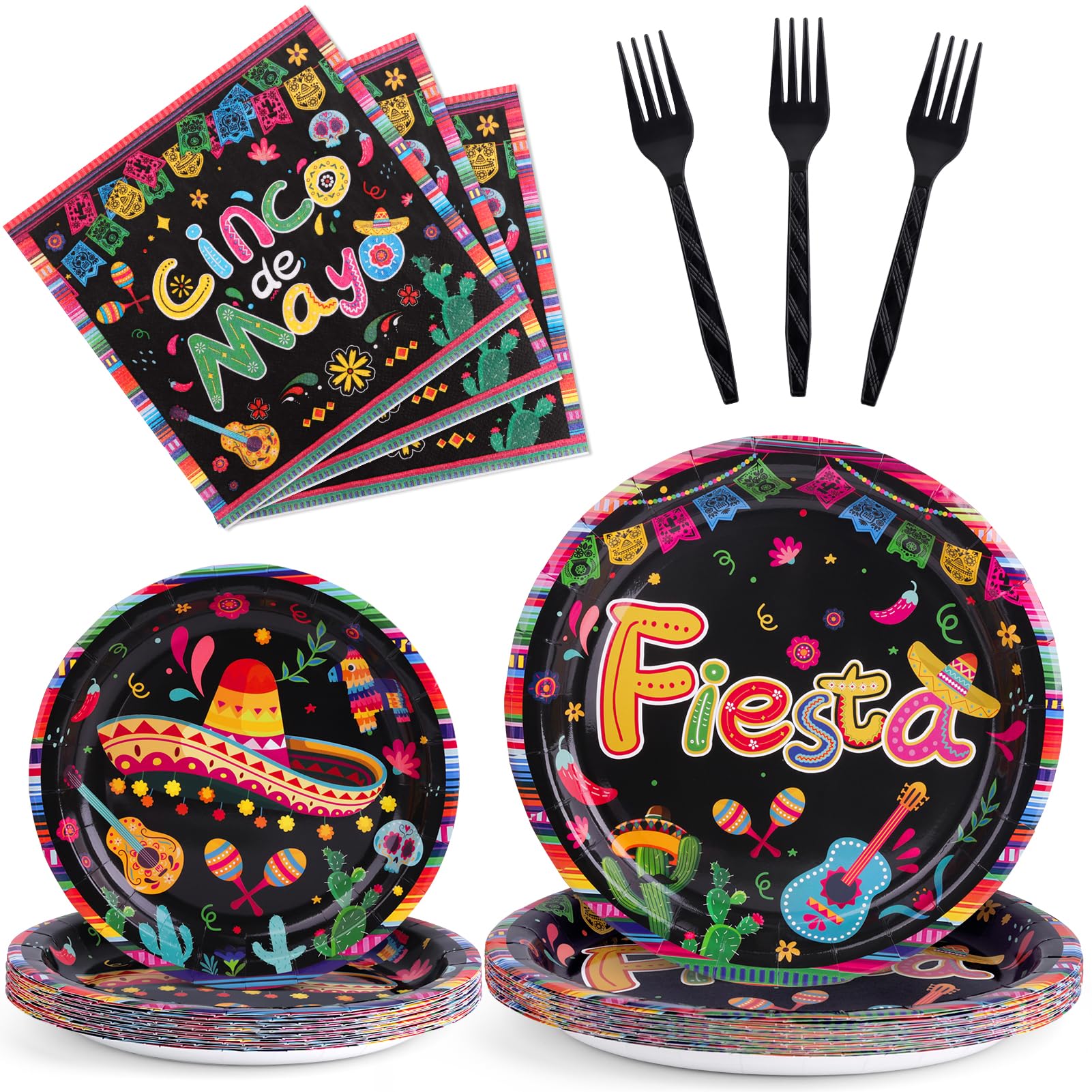 96 Pcs Mexican Party Decorations Plates, Cinco De Mayo Decorations Include Fiesta Party Decorations Plates Napkins and Forks Serves 24
