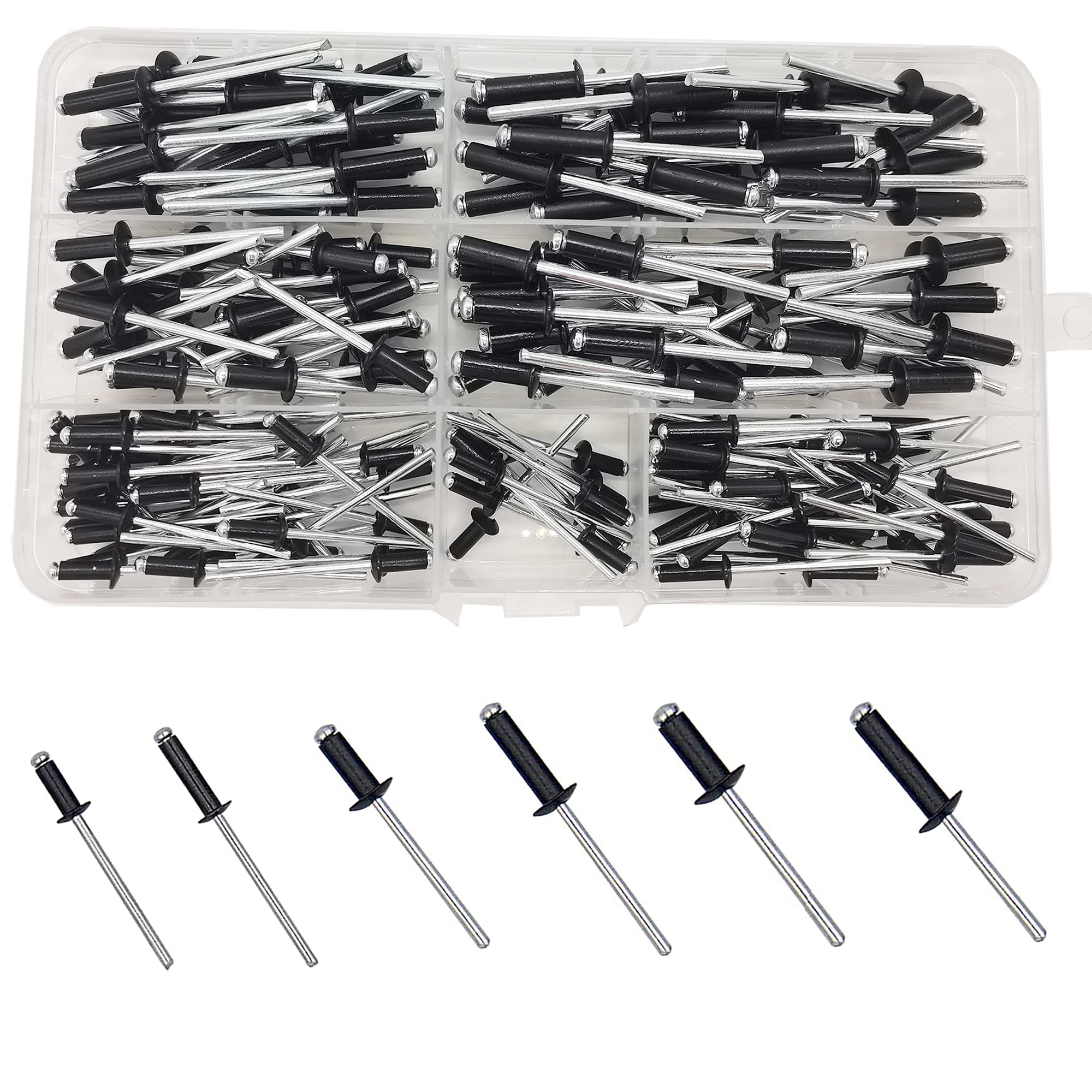 WeqeYent 200 Pcs M5/M4/M3.2 Aluminum Alloy Blind Rivets Pop Rivets Assortment Kit 6 Sizes for Metal Wood Plastic Component Construction (Black)