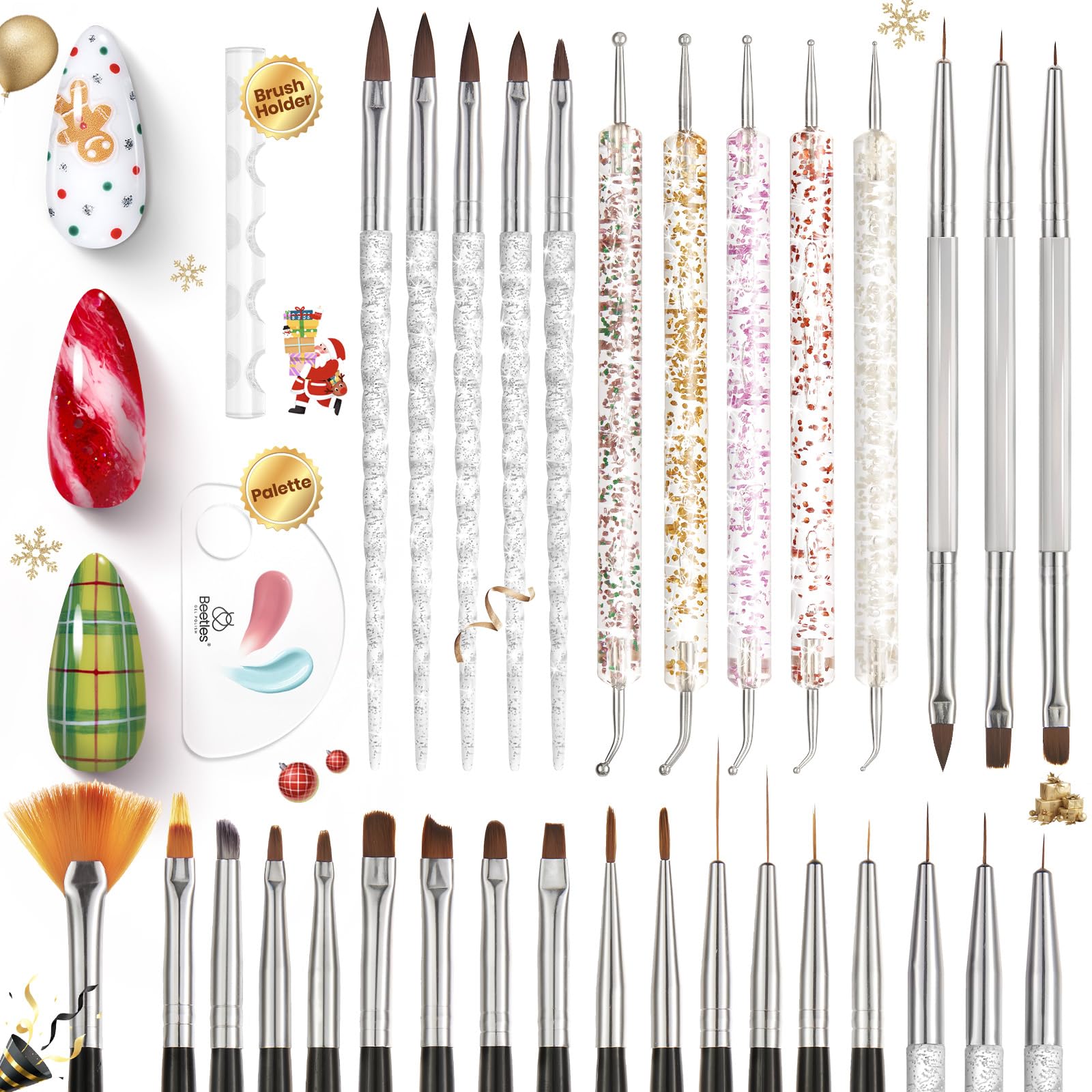 Beetles 31pcs Nail Art Brushes, Dotting Tools, Nail Art Pens, Dust Brush, Striping Liner Fingernail Drawing Pens with Palette Holder All in One for Starter Manicure Design Set