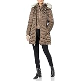 Laundry by Shelli Segal womens 3/4 Puffer Jacket With Detachable Faux Fur Strip and Bib