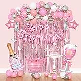 Amandir Pink Birthday Decorations for Women Girls, Silver Pink Confetti Foil Balloons Happy Birthday Banner Butterfly Fringe Curtains Cake Topper for Princess Party Supplies Decor