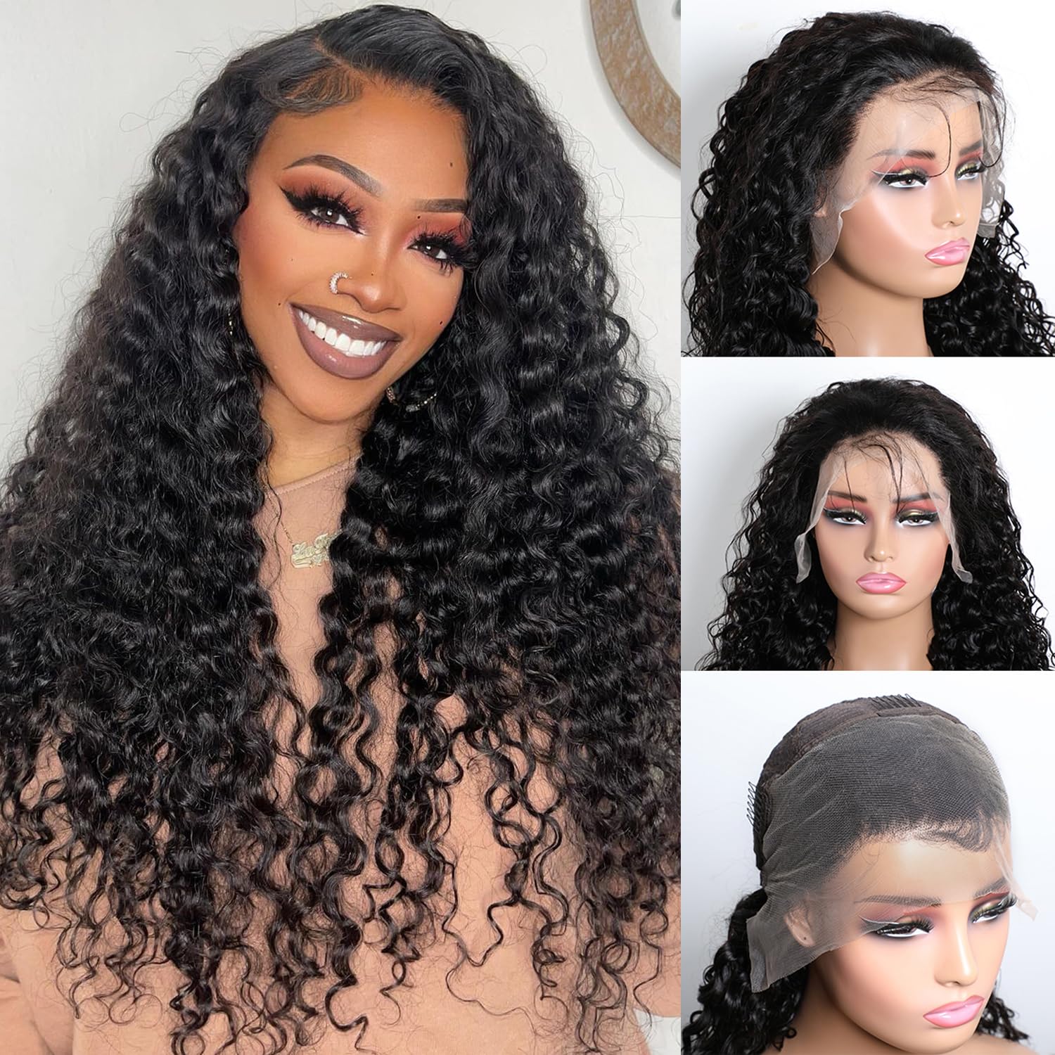 13x4 Full Frontal Water Wave Lace Front Wigs Human Hair 180% Density Deep Wave Lace Front Wigs Human Hair Pre Plucked 14A Brazilian Virgin Bleaching Knot Curly Wigs for Women 26 Inch — image 1