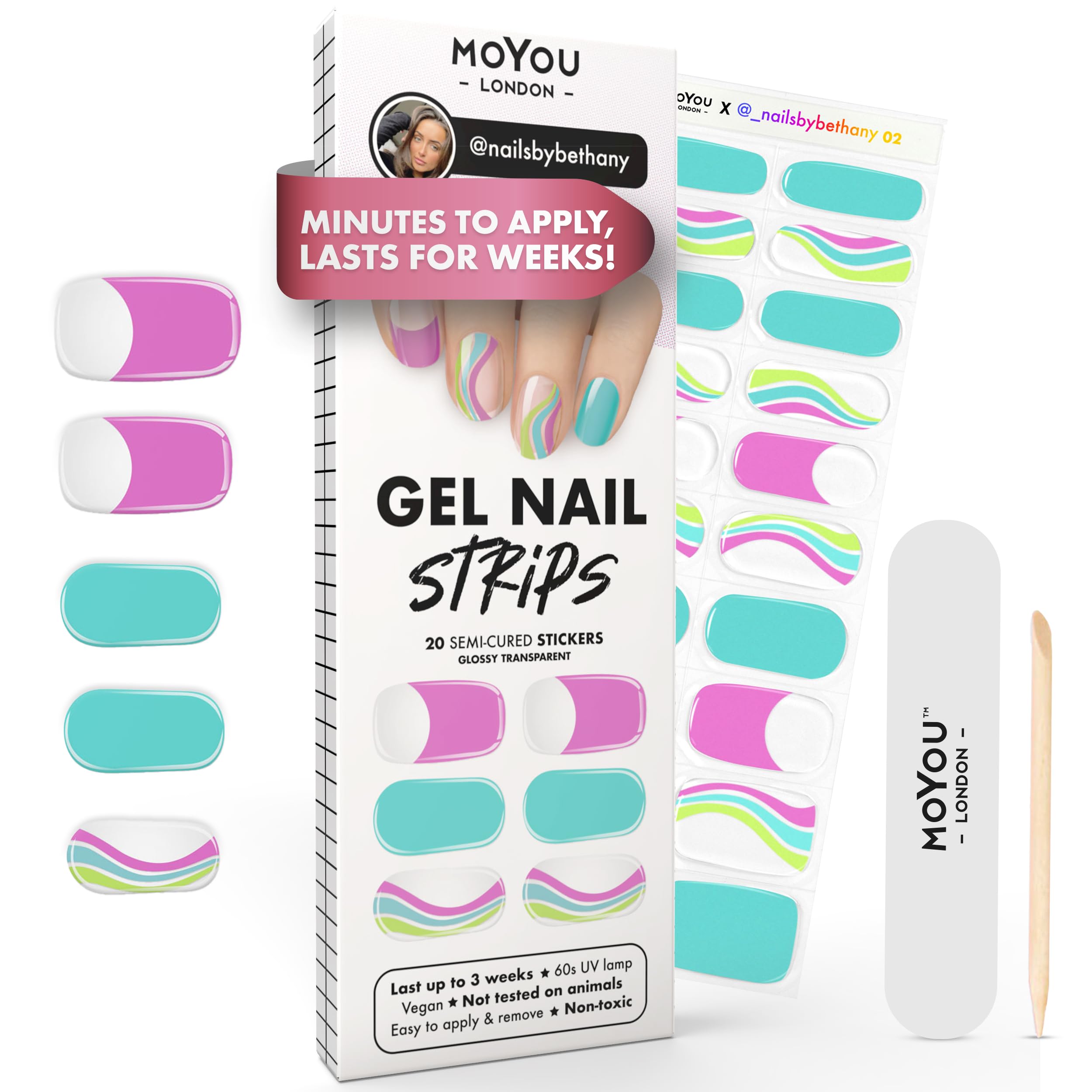 MOYOU LONDON Semi Cured Gel Nail Strips - 20 Pcs. Waterproof Gel Nail Wraps, Cures in Sunlight or UV/LED Lamp, Lasts Up to 2+ Weeks, Stretchable, Easy to Apply & Remove, Vegan & Cruelty-Free