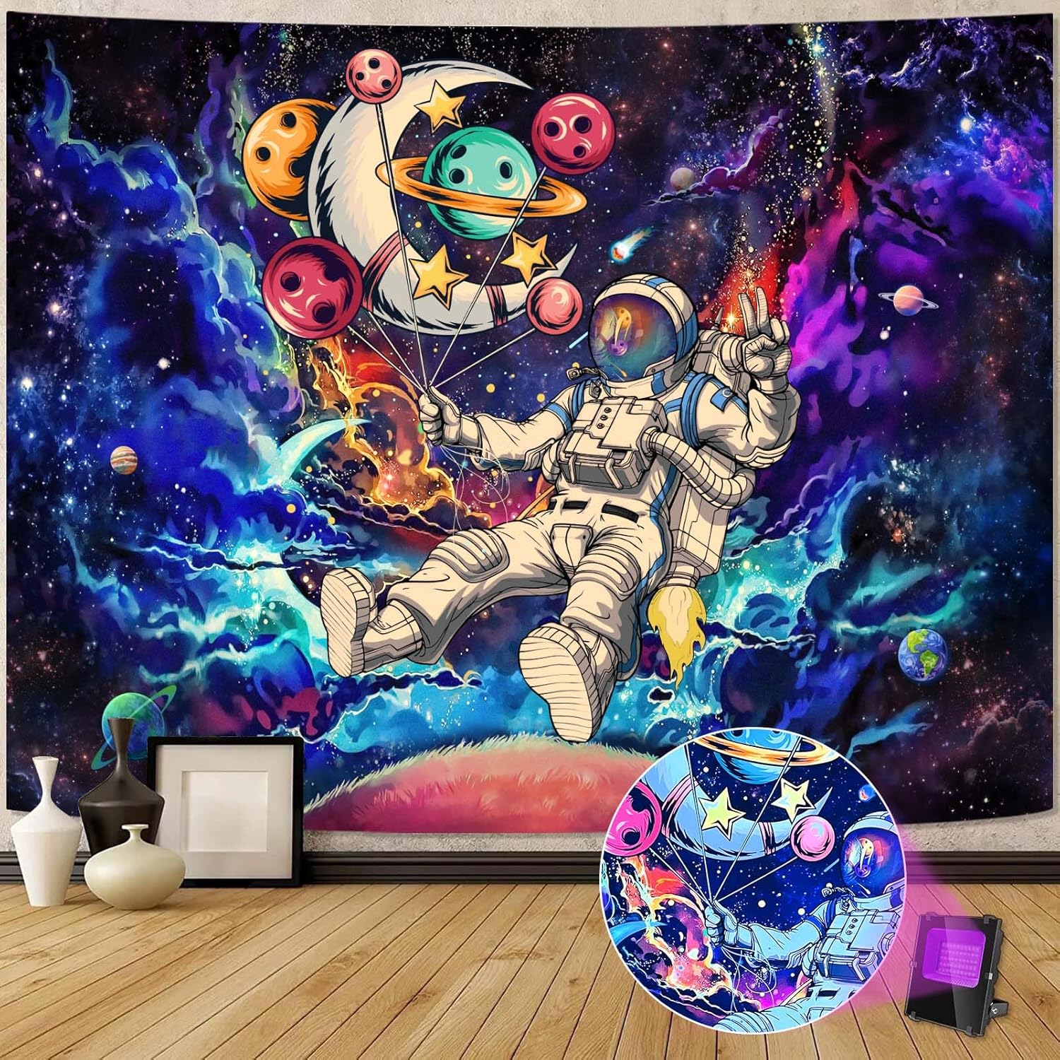 Tapestries - YEXIT Funny Space Astronaut Balloon Tapestry, Blacklight Trippy Galaxy Universe Planets Cool Tapestries for Teens Boys College Dorm Bedroom Grunge Room Poster 44×60 inch