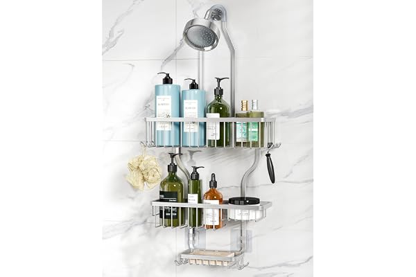 YASONIC Hanging Shower Caddy Over Shower Head with 10 Hooks for Razor/Sponge, Soap Basket Never Rust Aluminum, Large - Silver
