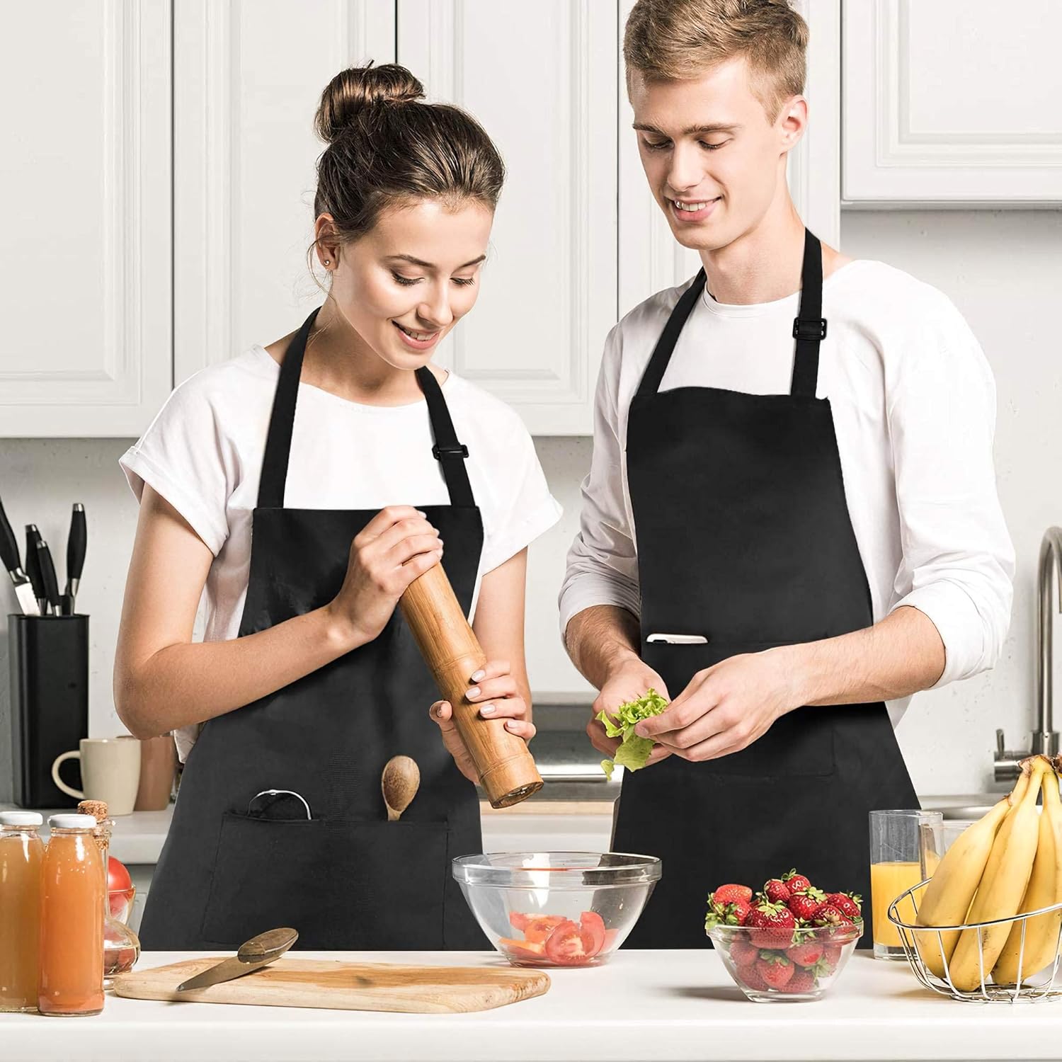 Puroma Adjustable Bib Apron Waterdrop Resistant with 2 Pockets, Unisex Cooking Kitchen Aprons for Chef Couple BBQ Painting (Black, 2): Home & Kitchen
