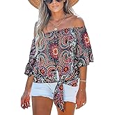 CUPSHE Women Tops Boho Off-Shoulder Neck Ruffle Sleeve Blouse Short Sleeve Tee Shirt Casual Summer