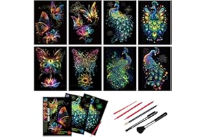 TOULIDEIFARIA Scratch Art Paper for Adults, 8 Sheets 11.2 x 8.2 inches,Rainbow Scratch Art DIY Craft Gift 5 Paint by Scratch Tools （ Butterfly & Peacock）