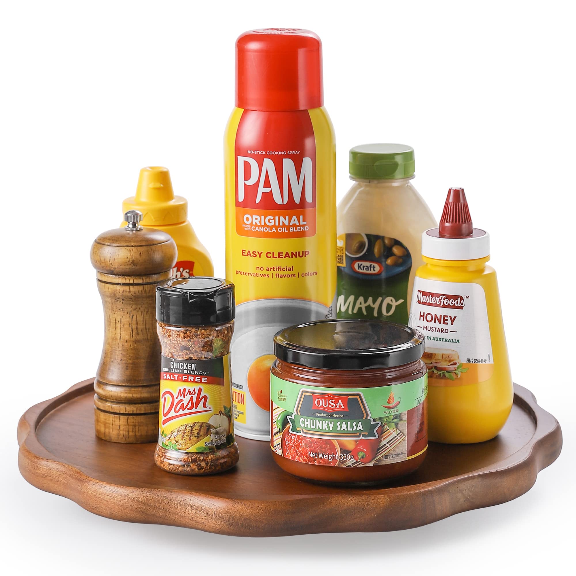 DDAJJAJ Wooden Lazy Susan Turntable Cupboard Organiser 33cm Spice Rack for Kitchen Organize Storage Kitchen Storage Unit for Cooking Oil, Ingredients, Bottles and Jars (Acacia Wood)
