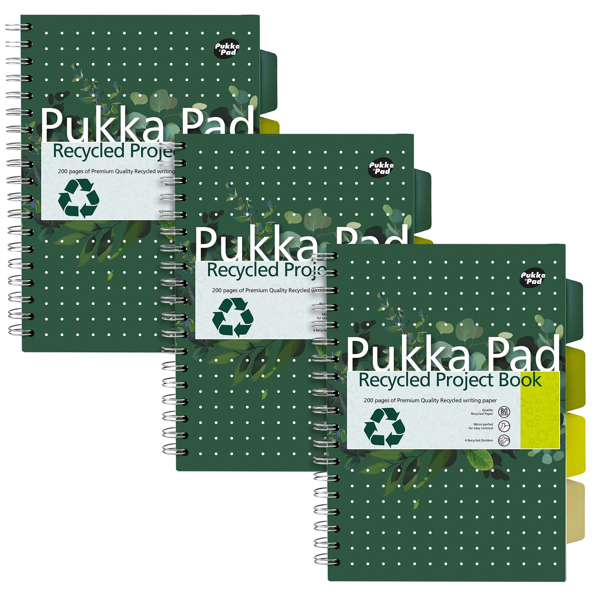 Pukka Pad, Recycled Double Spiral Bound B5 Project Book with 4 Dividers - 80GSM FSC Recycled Paper with Perforated and 4-Hole Punched Margins – Recycle Alongside Other Household Items-Pack of 3