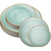PLASTICPRO 32 Pieces Crystal Design Plastic Plates Combo Pack 7 inch and 10 inch Gold Rim Elegant Disposable Plates, Transparent Green