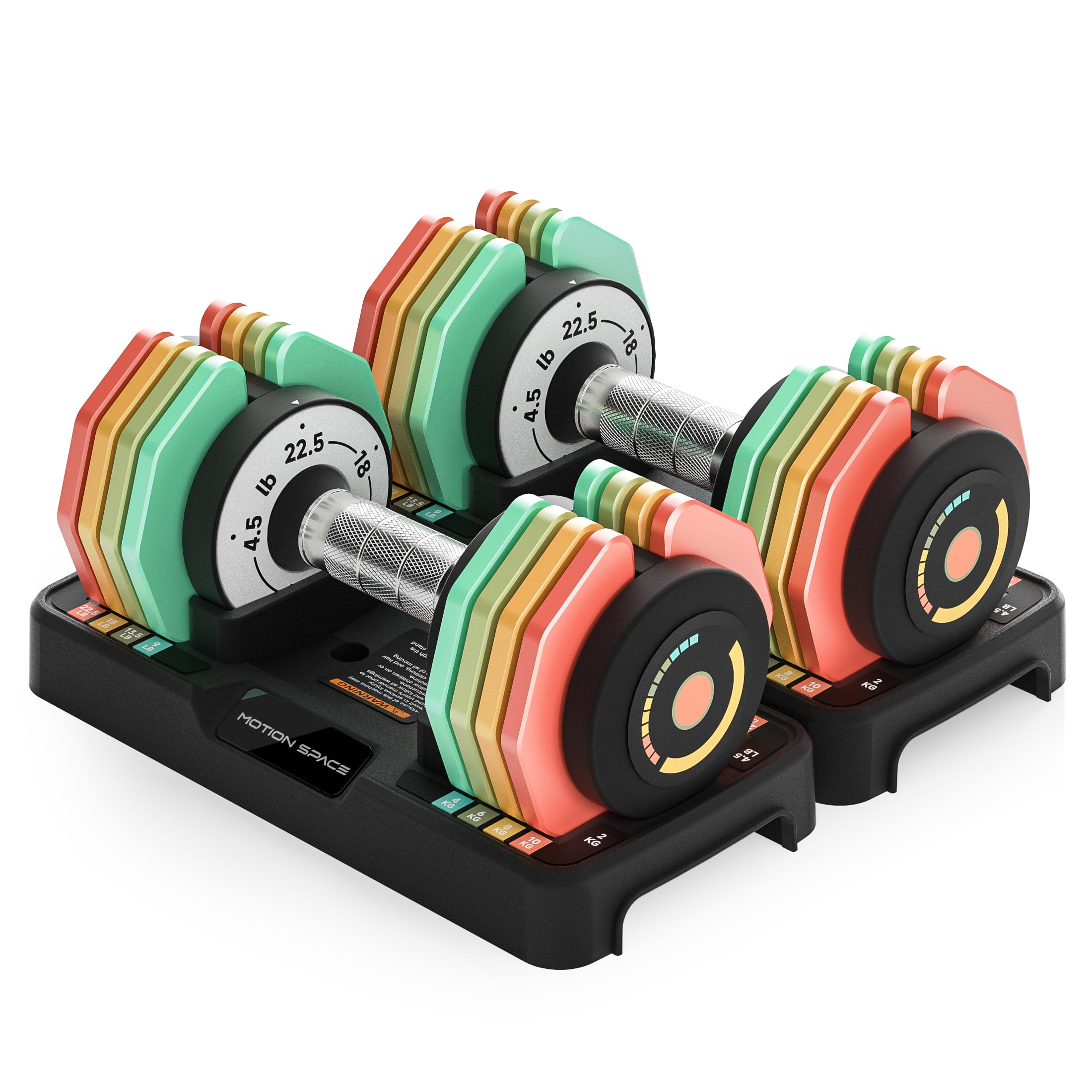 Photo 1 of Motion Space Adjustable Dumbbells Set 22.5LB Pair, 1-Sec Fast Adjustable 5 Free Weights, Premium Comfort Non-slip Metal Handle, Compact Size for Full Body Home Workout (Rainbow)