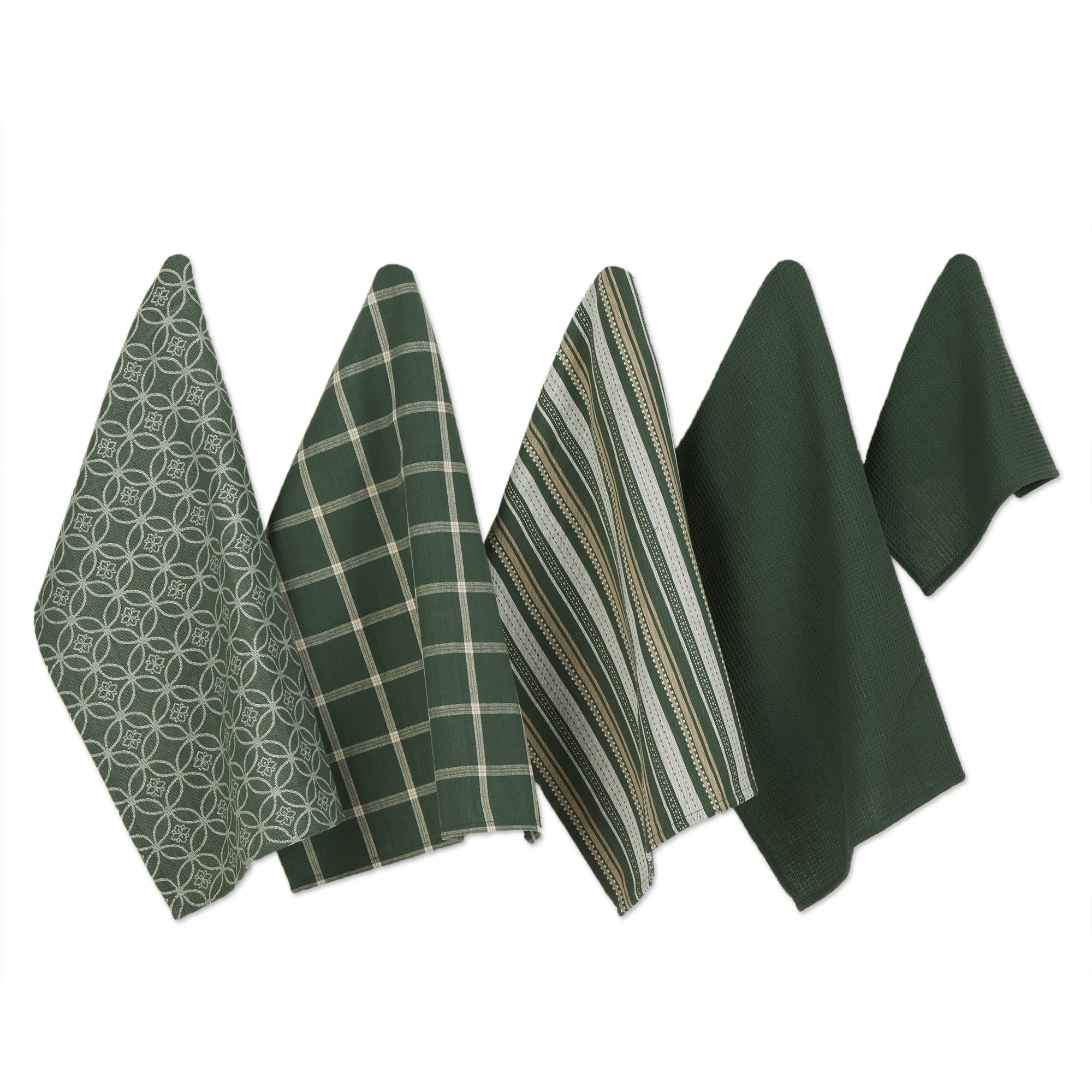 DII Assorted Woven Kitchen Set, Dishtowel, 18x28; Dishcloth, 13x13, Dark Green, 5 Piece
