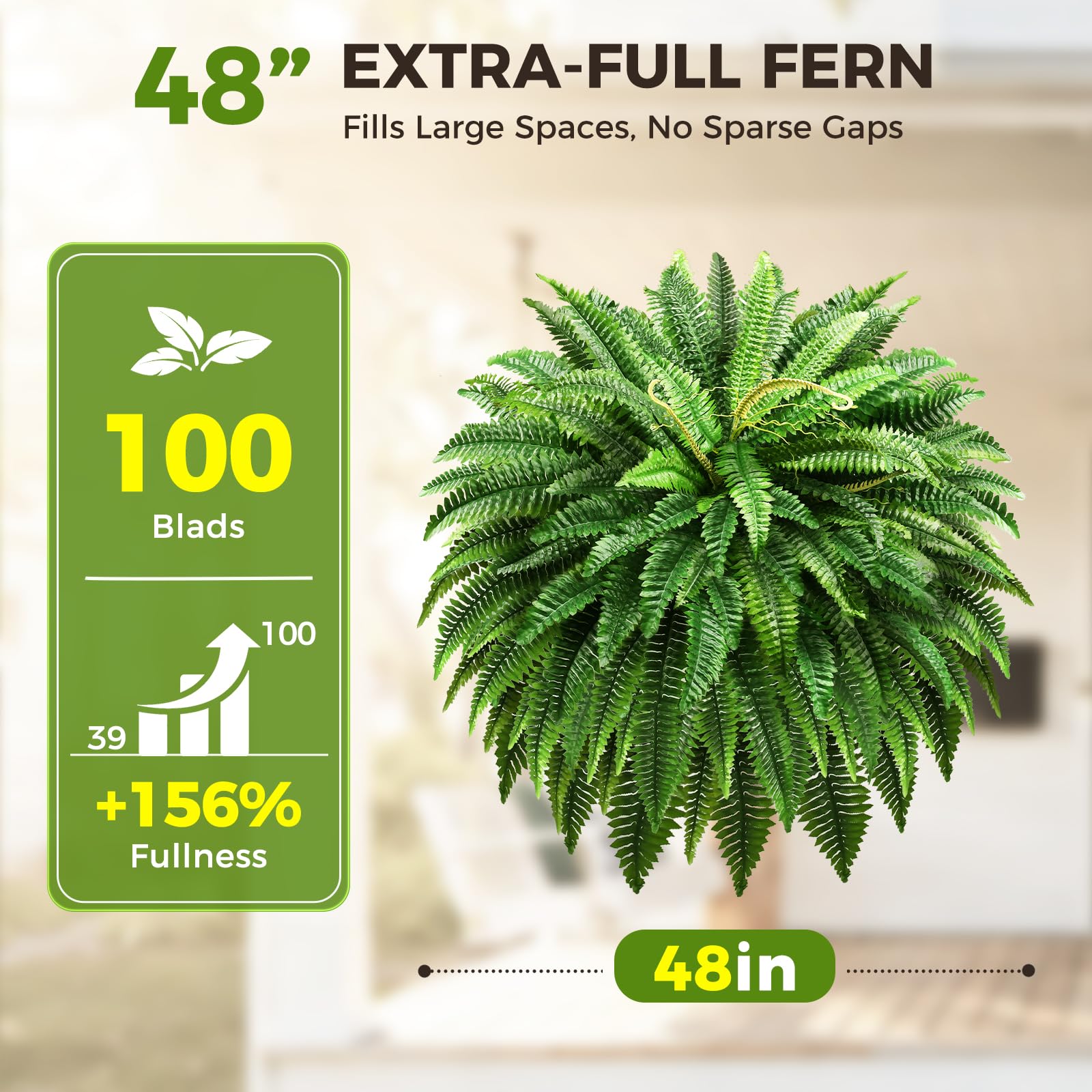 Condition photo showing New/Like New for suntee 48" large artificial ferns 2 pack, realistic fake boston fern plant with 100 bendable fronds,