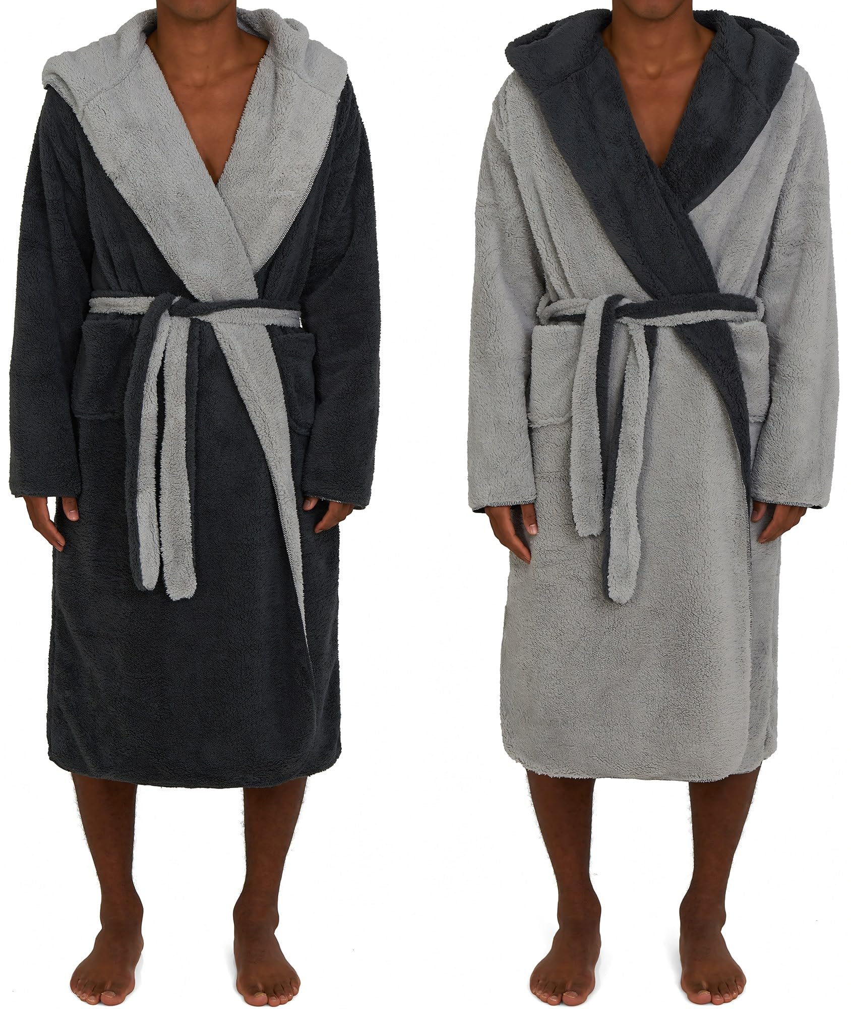 HOMELEVEL Sherpa Dressing Gown Men - Reversible Mens Dressing Gowns with Hood - Hooded Long Bathrobe - Fluffy Housecoat - Winter Warm