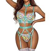 Avidlove Garter Lingerie Sets for Women Sexy with Removable Choker Floral Embroidered Underwire Lingerie (No Stockings)