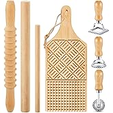 Tioncy 7 Pcs Pasta Making Tool Set Wood Gnocchi Board with Ravioli Stamp Ravioli Maker and Rolling Pin Homemade Gnocco Maker Kitchen Gift for Home Baking Lovers(Design Gnocchi Board Set)