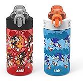 Zak Designs Sonic the Hedgehog Sage Kids Water Bottle For School or Travel, 16oz Durable Plastic Water Bottle With Straw, Handle, and Leak-Proof, Pop-Up Spout Cover, 2-Pack Set (Sonic & Shadow)