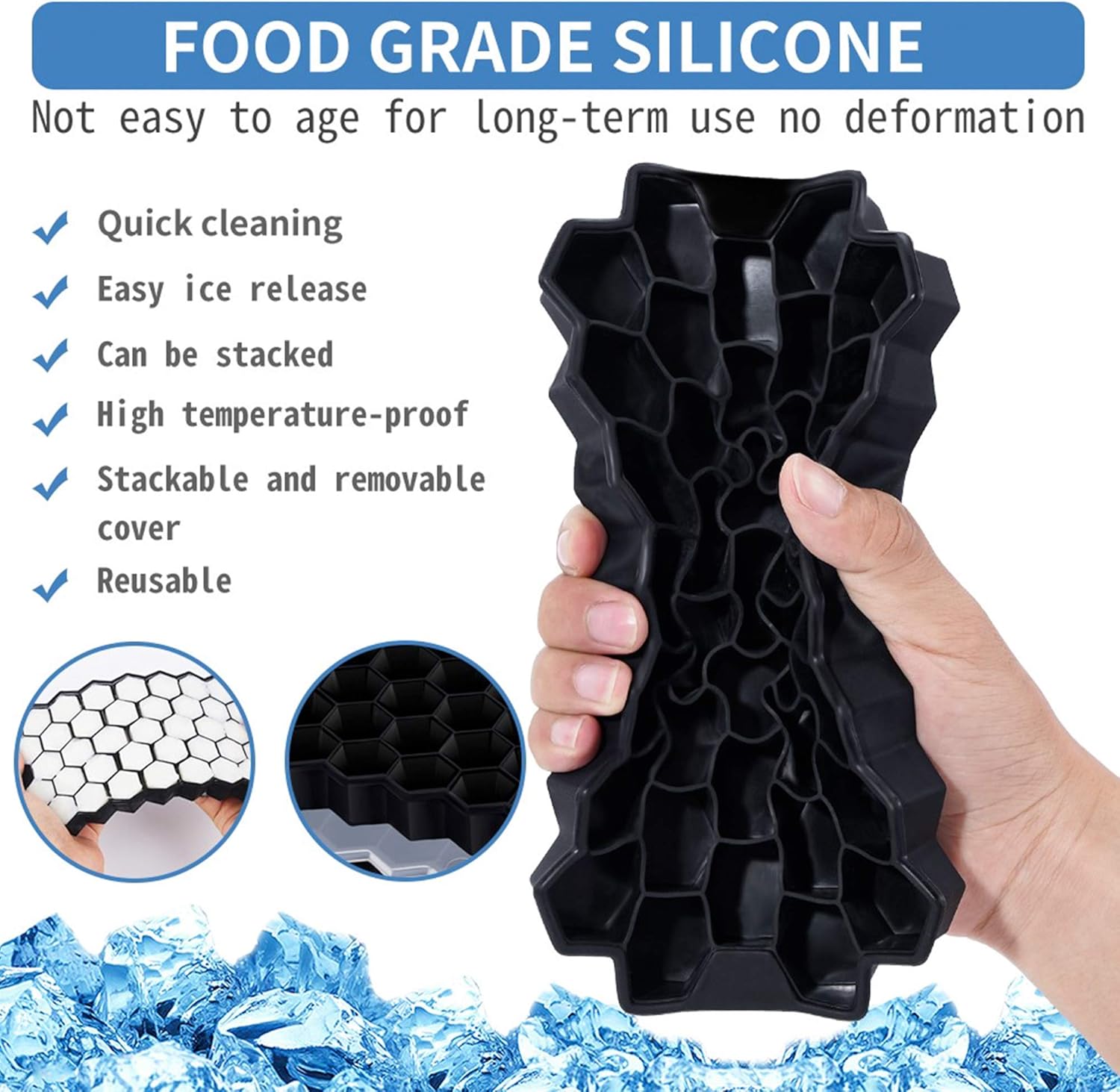Ice Cube Trays, 2 Pack Food Grade Ice Trays BPA Free with Easy Release for Whiskey & Cocktails and Chilled Drinks, Stackable Flexible Silicone Ice Cube Tray, Reusable（Black）: Kitchen & Dining